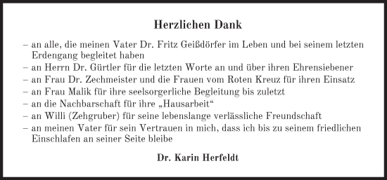 Traueranzeige von Fritz Geißdörfer von Neustadt/ Scheinfeld/ Uffenheim