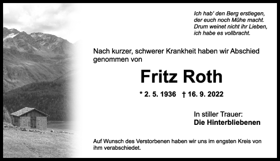 Traueranzeige von Fritz Roth von Ansbach