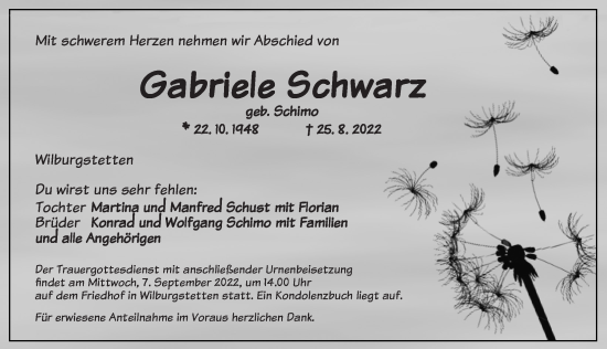 Traueranzeige von Gabriele Schwarz von Dinkelsbühl/ Feuchtwangen