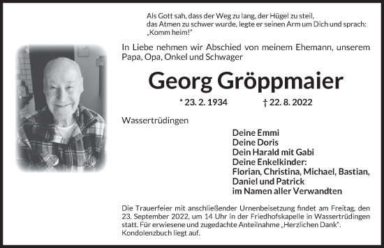 Traueranzeige von Georg Gröppmaier von Dinkelsbühl/ Feuchtwangen