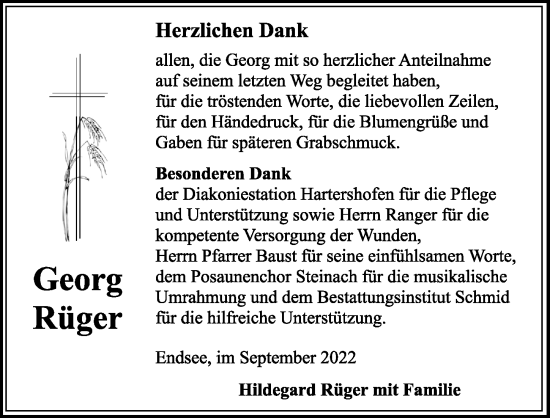 Traueranzeige von Georg Rüger von Rothenburg