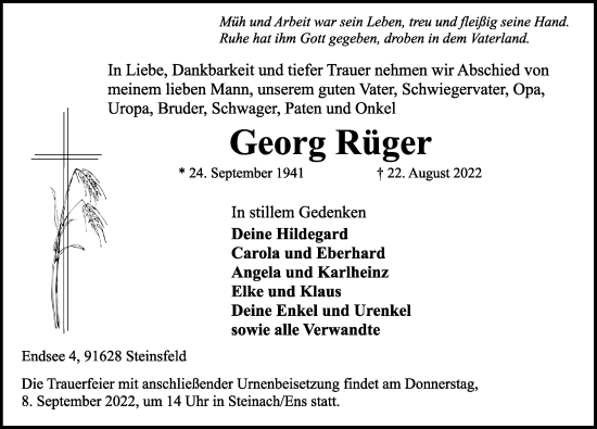 Traueranzeige von Georg Rüger von Rothenburg