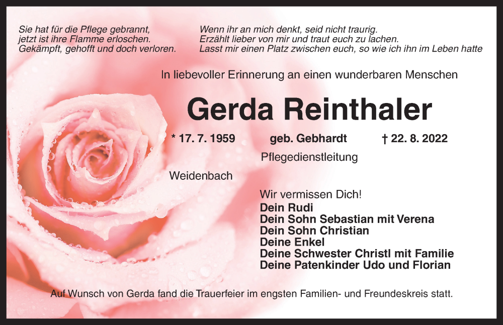  Traueranzeige für Gerda Reinthaler vom 10.09.2022 aus Ansbach