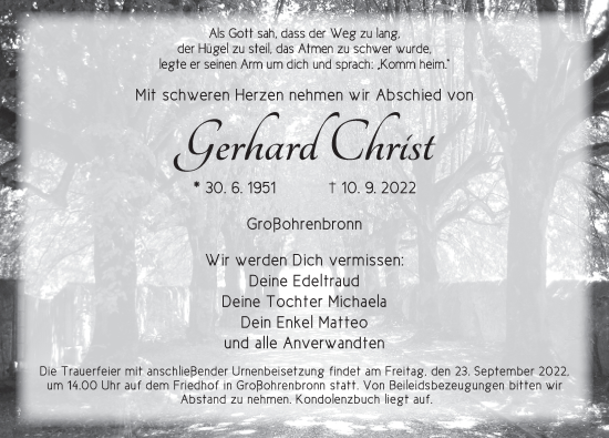 Traueranzeige von Gerhard Christ von Dinkelsbühl/ Feuchtwangen