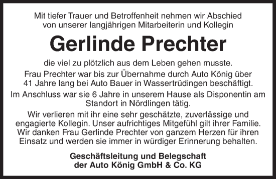 Traueranzeige von Gerlinde Prechter von Dinkelsbühl/ Feuchtwangen