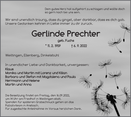 Traueranzeige von Gerlinde Prechter von Dinkelsbühl/ Feuchtwangen