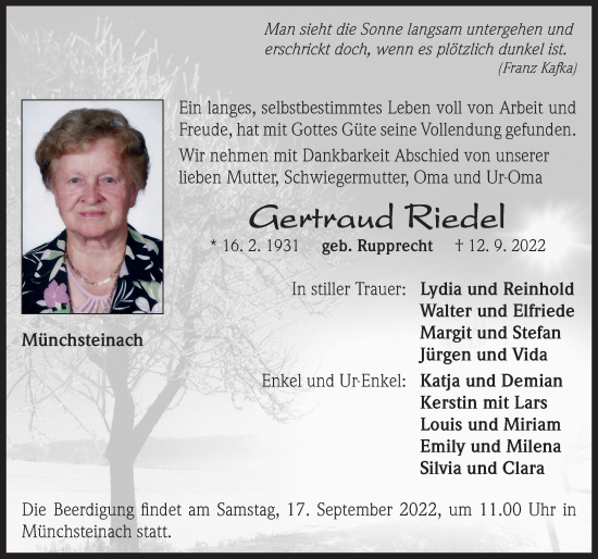 Traueranzeige von Gertraud Riedel von Neustadt/ Scheinfeld/ Uffenheim