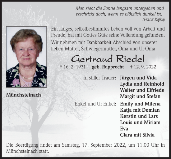 Traueranzeige von Gertraud Riedel von Neustadt/ Scheinfeld/ Uffenheim