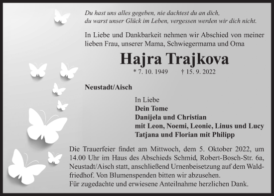 Traueranzeige von Hajra Trajkova von Neustadt/ Scheinfeld/ Uffenheim