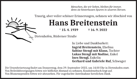 Traueranzeige von Hans Breitenstein von Ansbach