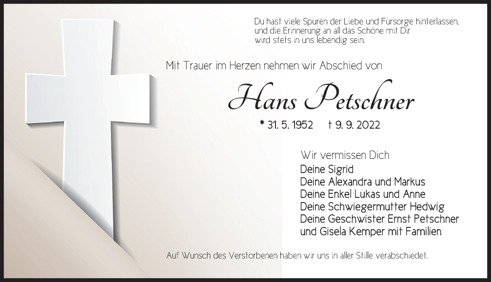  Traueranzeige für Hans Petschner vom 21.09.2022 aus Ansbach