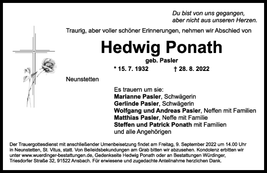 Traueranzeige von Hedwig Ponath von Ansbach