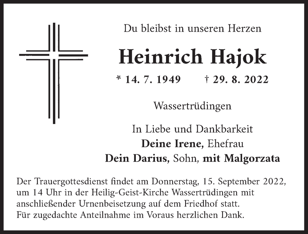 Traueranzeige für Heinrich Hajok vom 12.09.2022 aus Dinkelsbühl/ Feuchtwangen