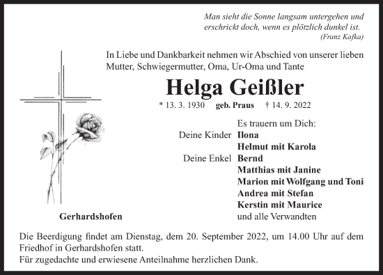 Traueranzeige von Helga Geißler von Neustadt/ Scheinfeld/ Uffenheim