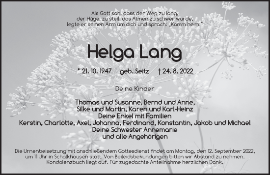 Traueranzeige von Helga Lang von Ansbach