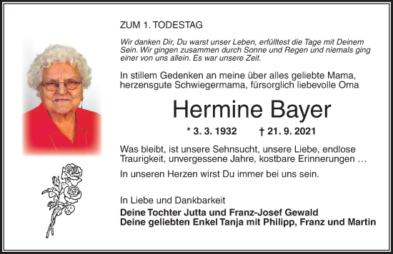 Traueranzeige von Hermine Bayer von Dinkelsbühl/ Feuchtwangen