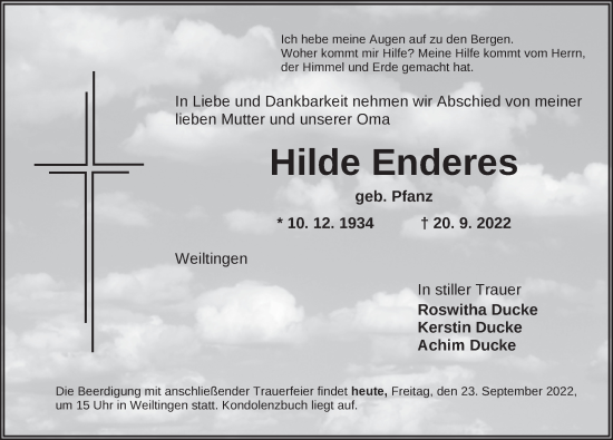 Traueranzeige von Hilde Enderes von Dinkelsbühl/ Feuchtwangen