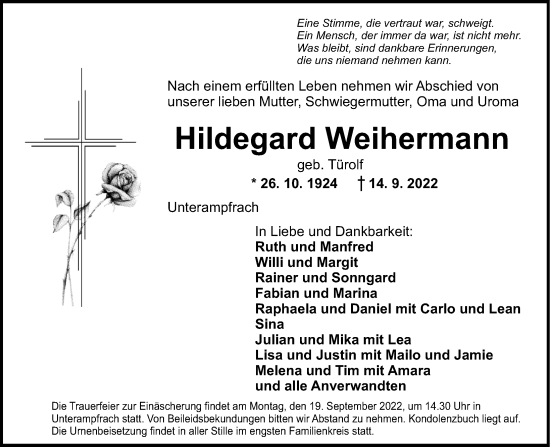 Traueranzeige von Hildegard Weihermann von Dinkelsbühl/ Feuchtwangen