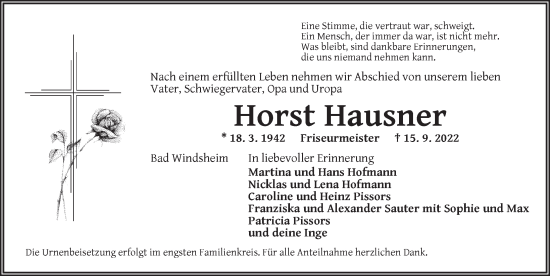 Traueranzeige von Horst Hausner von Neustadt/ Scheinfeld/ Uffenheim