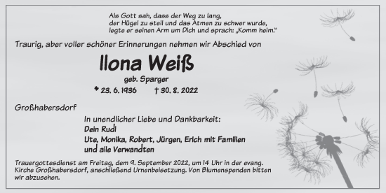 Traueranzeige von Ilona Weiß von Ansbach