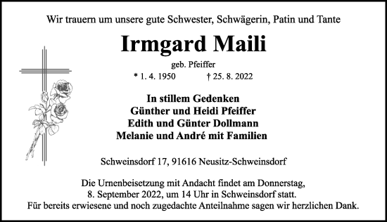 Traueranzeige von Irmgard Maili von Rothenburg