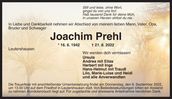 Traueranzeige von Joachim Prehl von Ansbach