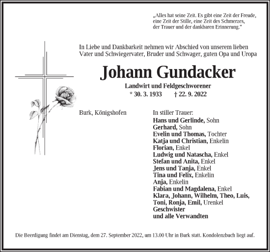 Traueranzeige von Johann Gundacker von Dinkelsbühl/ Feuchtwangen