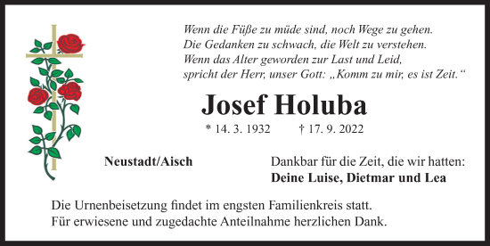 Traueranzeige von Josef Holuba von Neustadt/ Scheinfeld/ Uffenheim