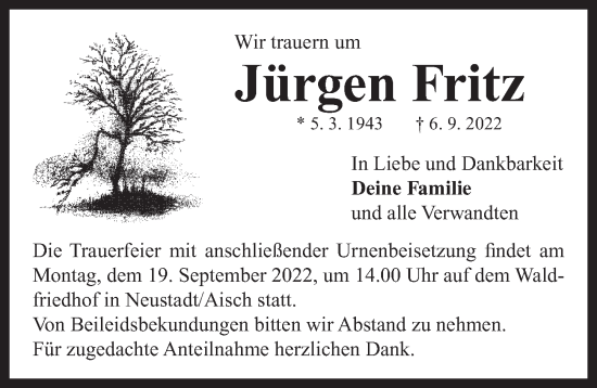 Traueranzeige von Jürgen Fritz von Neustadt/ Scheinfeld/ Uffenheim