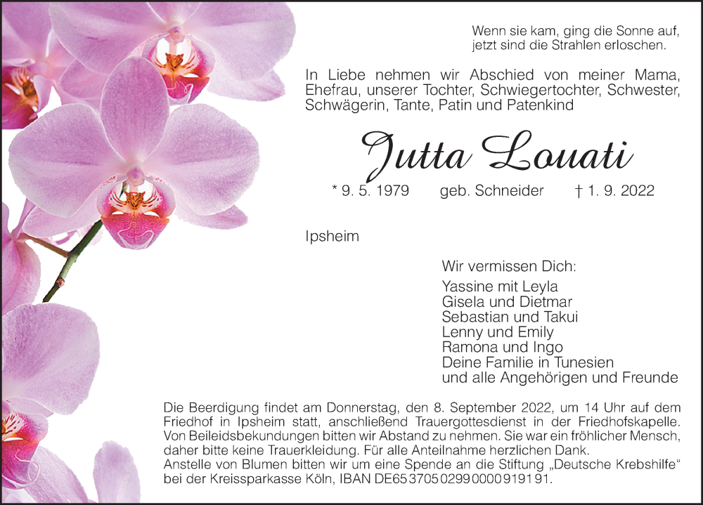  Traueranzeige für Jutta Louati vom 06.09.2022 aus Neustadt/ Scheinfeld/ Uffenheim