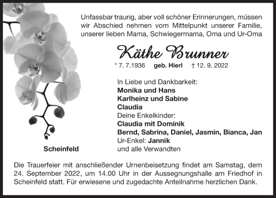 Traueranzeige von Käthe Brunner von Neustadt/ Scheinfeld/ Uffenheim