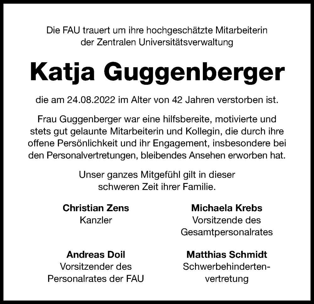  Traueranzeige für Katja Guggenberger vom 12.09.2022 aus Neustadt/ Scheinfeld/ Uffenheim