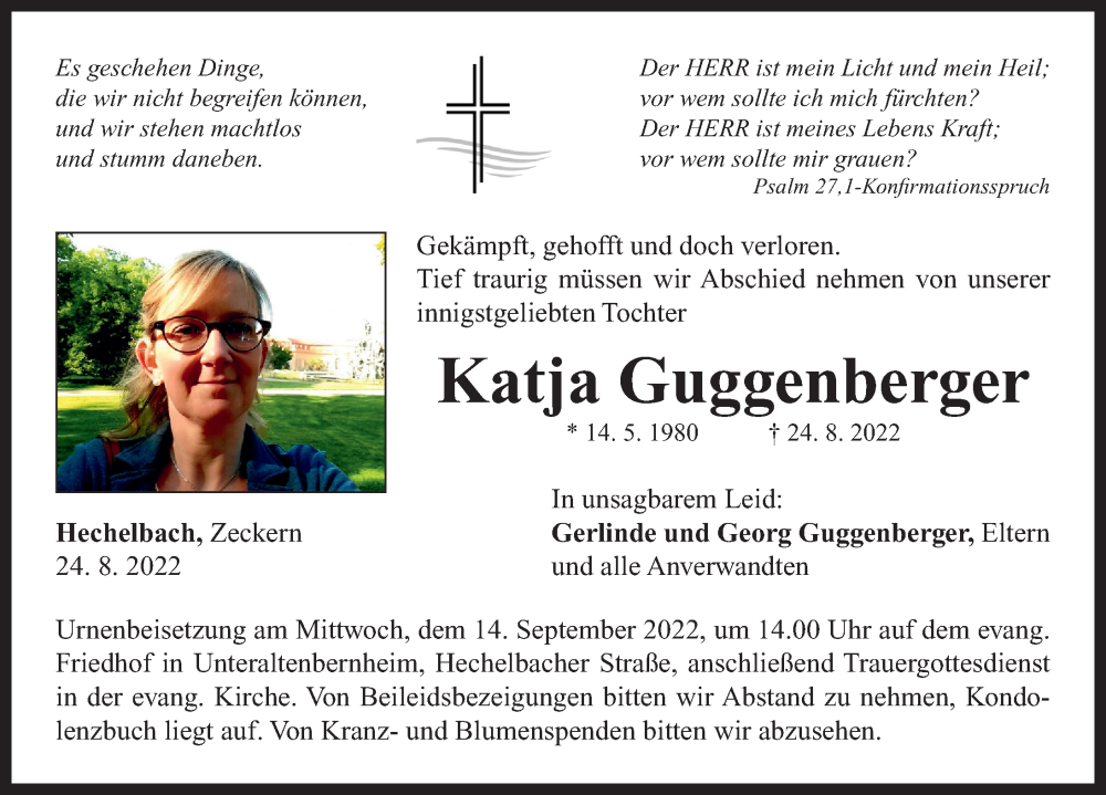  Traueranzeige für Katja Guggenberger vom 10.09.2022 aus Neustadt/ Scheinfeld/ Uffenheim