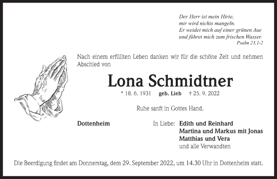 Traueranzeige von Lona Schmidtner von Neustadt/ Scheinfeld/ Uffenheim