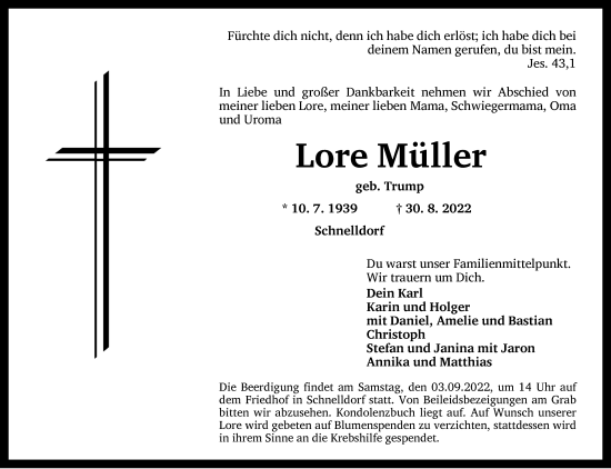 Traueranzeige von Lore Müller von Dinkelsbühl/ Feuchtwangen