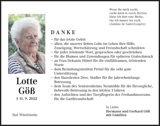 Traueranzeige von Lotte Göß von Neustadt/ Scheinfeld/ Uffenheim