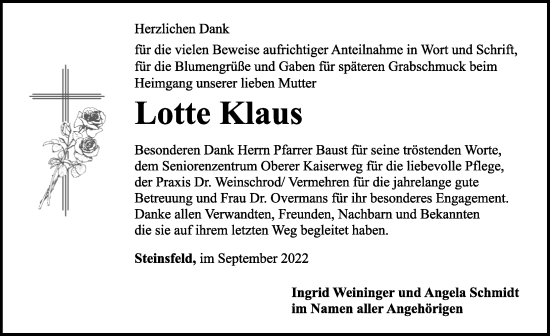 Traueranzeige von Lotte Klaus von Rothenburg