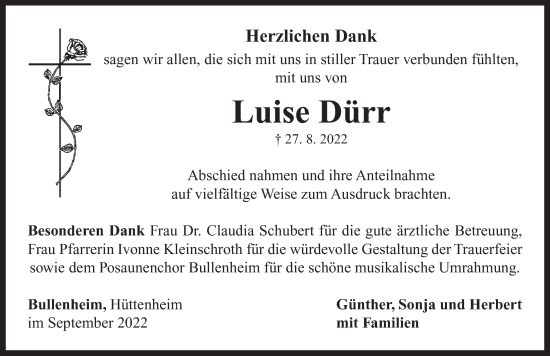 Traueranzeige von Luise Dürr von Neustadt/ Scheinfeld/ Uffenheim