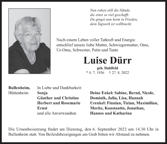 Traueranzeige von Luise Dürr von Neustadt/ Scheinfeld/ Uffenheim