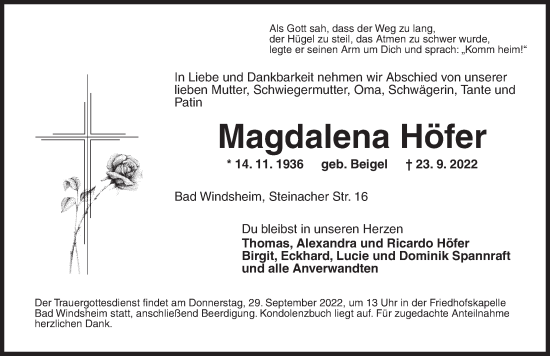 Traueranzeige von Magdalena Höfer von Neustadt/ Scheinfeld/ Uffenheim