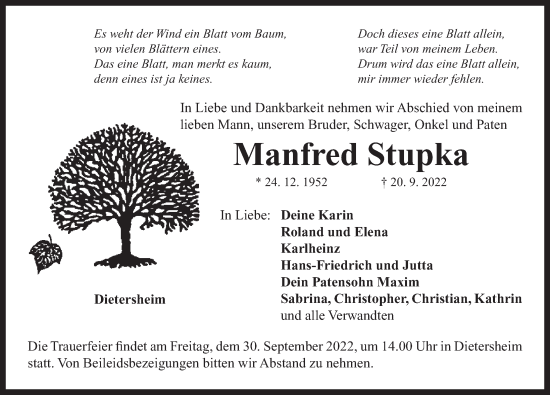 Traueranzeige von Manfred Stupka von Neustadt/ Scheinfeld/ Uffenheim