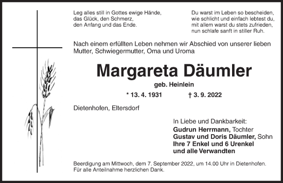 Traueranzeige von Margareta Däumler von Ansbach