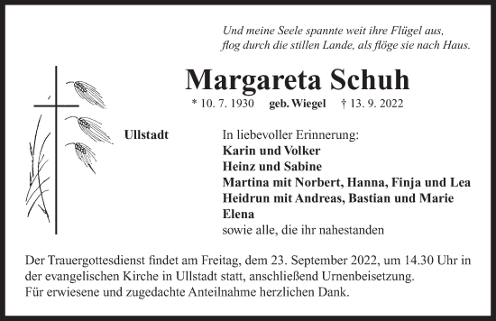 Traueranzeige von Margareta Schuh von Neustadt/ Scheinfeld/ Uffenheim