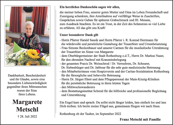 Traueranzeige von Margarete Metschl von Rothenburg