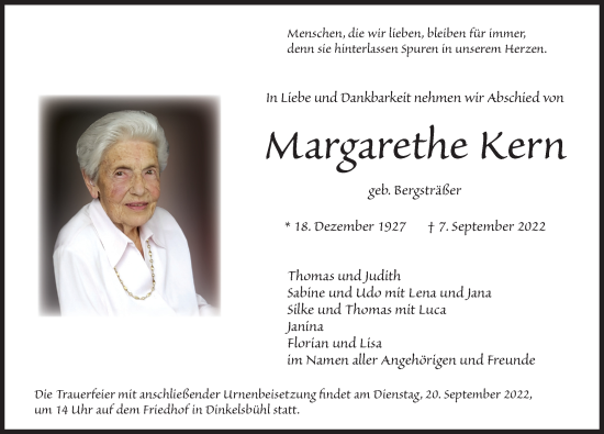 Traueranzeige von Margarethe Kern von Dinkelsbühl/ Feuchtwangen