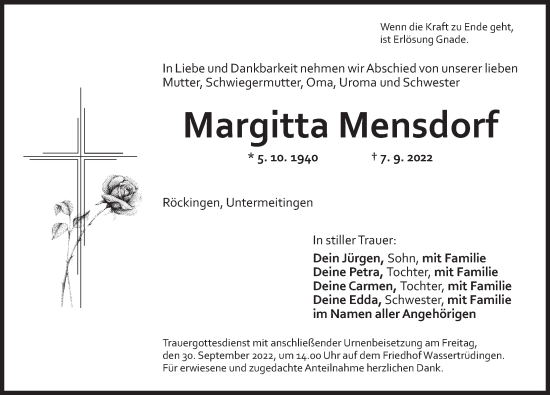 Traueranzeige von Margitta Mensdorf von Dinkelsbühl/ Feuchtwangen