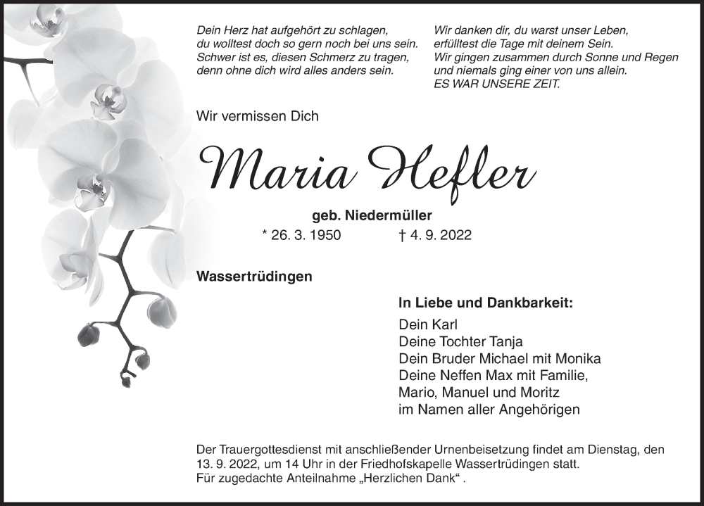  Traueranzeige für Maria Hefler vom 10.09.2022 aus Dinkelsbühl/ Feuchtwangen