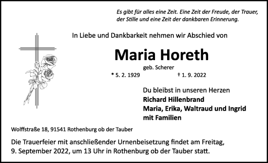 Traueranzeige von Maria Horeth von Rothenburg