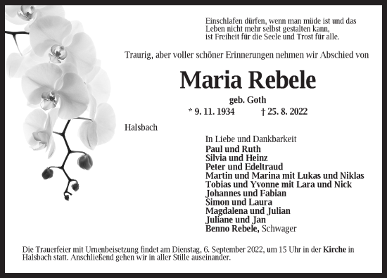 Traueranzeige von Maria Rebele von Dinkelsbühl/ Feuchtwangen