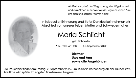 Traueranzeige von Maria Schlicht von Rothenburg